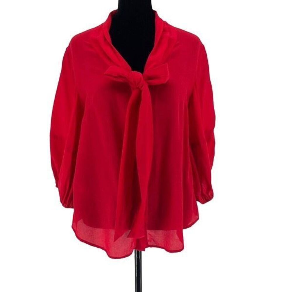 Blue Tassel Womens Tie Collar Quarter Sleeve Silk Blouse Top‎ Red Medium
